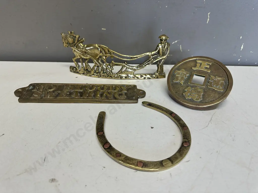 Assorted Vintage Brass Items Including Horse Shoe, Plaque, Chinese Coin Etc. Image 1++