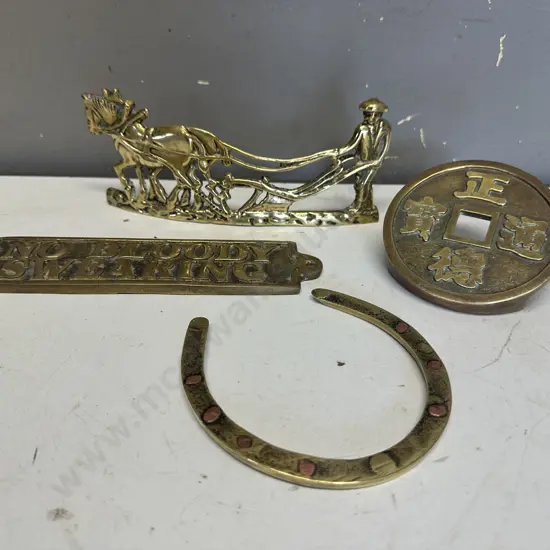 Assorted Vintage Brass Items Including Horse Shoe, Plaque, Chinese Coin Etc.