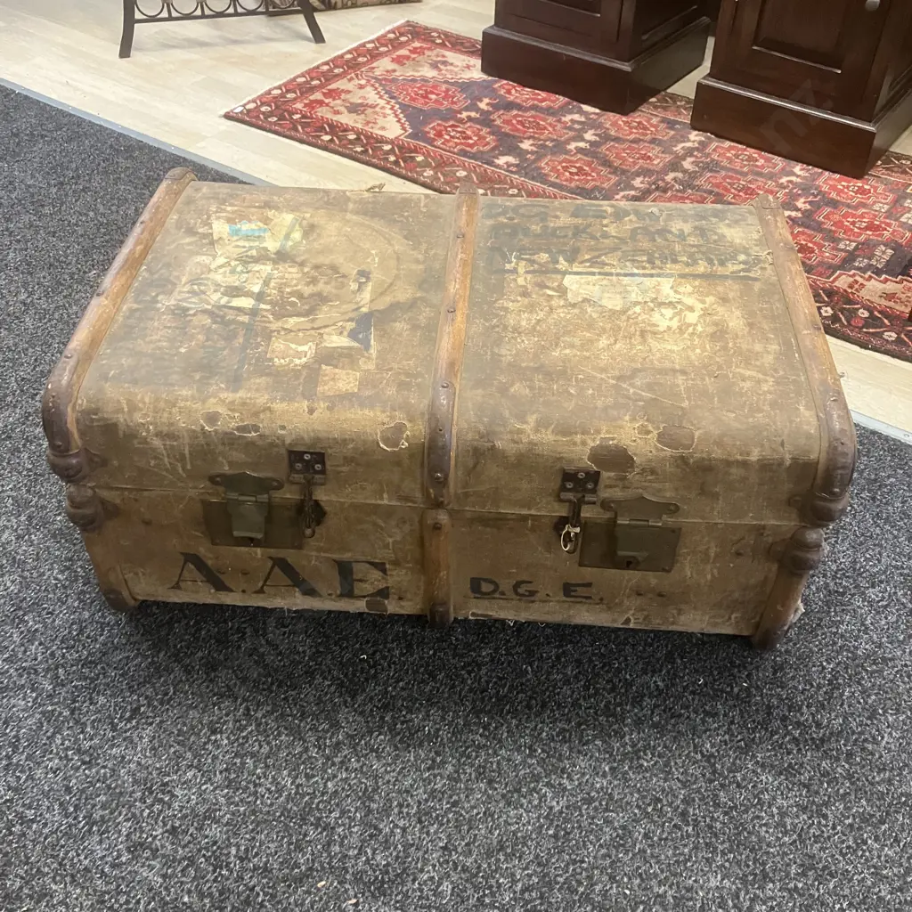 Vintage Travel Trunk With Wooden Bands & Leather Handles. H34.5 W77 D50cm Image 1++