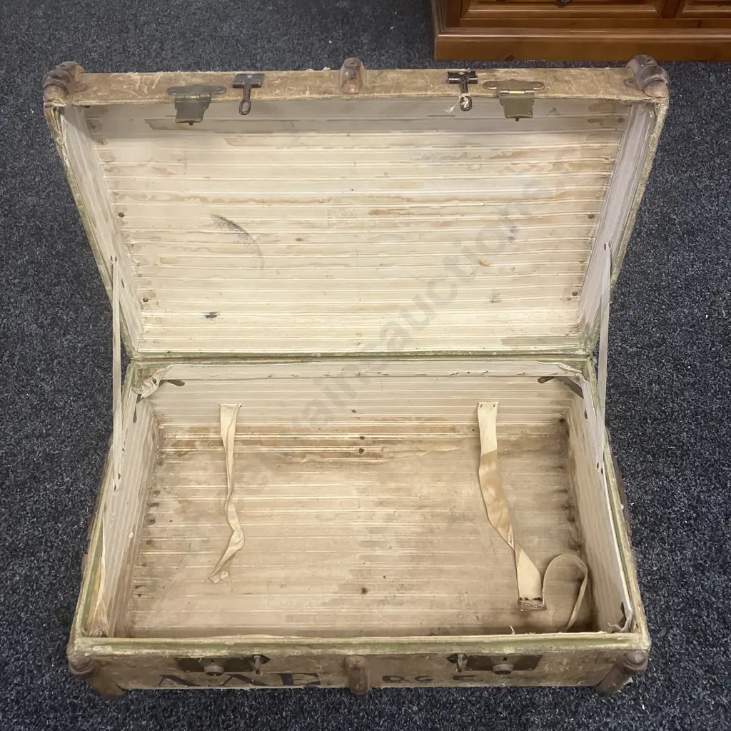 Vintage Travel Trunk With Wooden Bands & Leather Handles. H34.5 W77 D50cm Image 1++