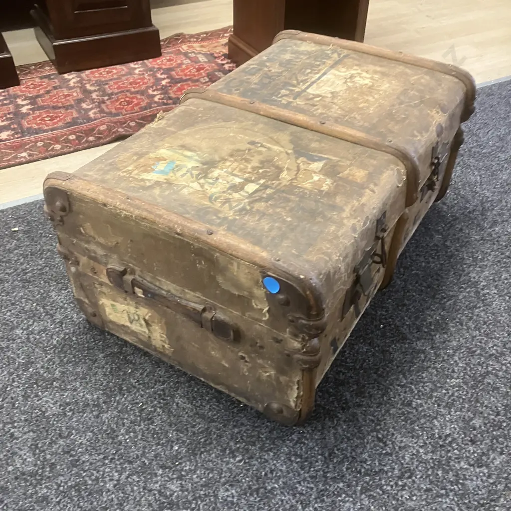 Vintage Travel Trunk With Wooden Bands & Leather Handles. H34.5 W77 D50cm Image 1++