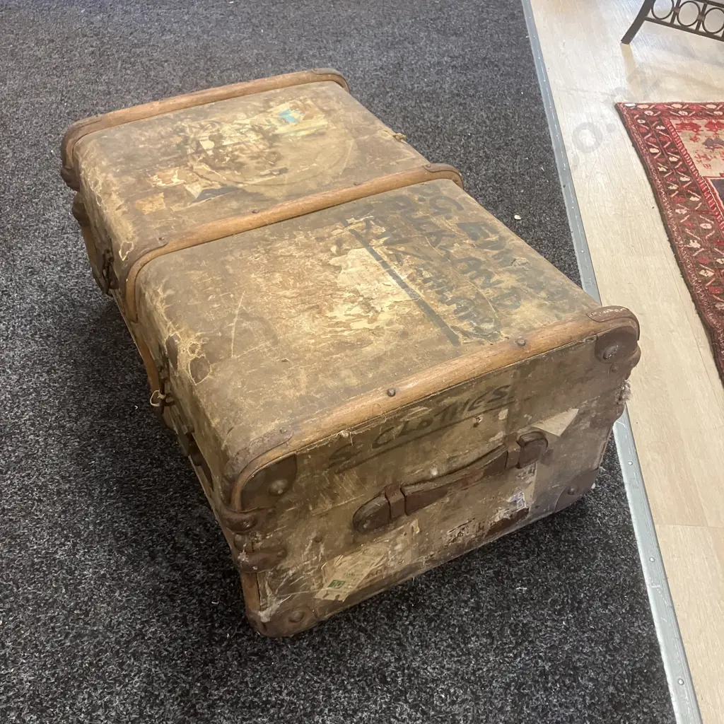 Vintage Travel Trunk With Wooden Bands & Leather Handles. H34.5 W77 D50cm Image 1++