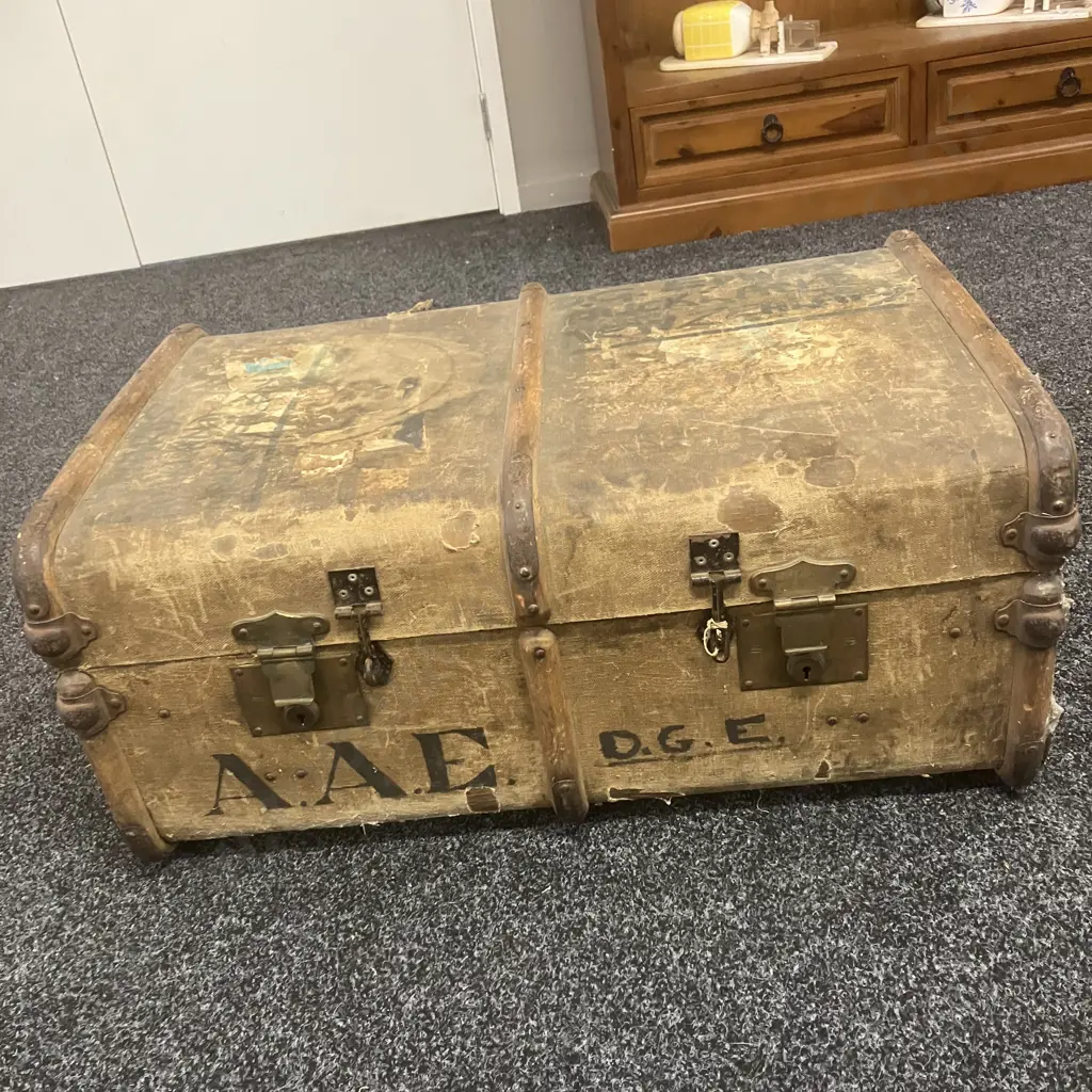 Vintage Travel Trunk With Wooden Bands & Leather Handles. H34.5 W77 D50cm Image 1++