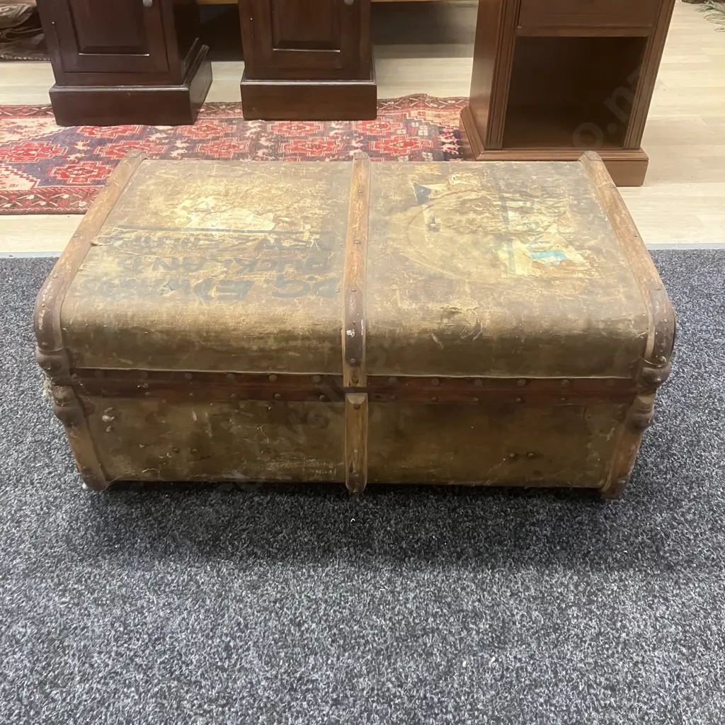 Vintage Travel Trunk With Wooden Bands & Leather Handles. H34.5 W77 D50cm Image 1++