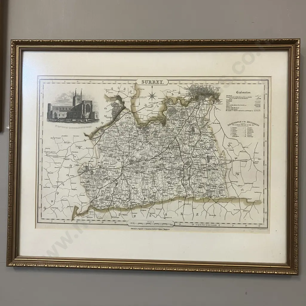 "Surrey" James Pigot 1830s Framed Map & The Waterfront, Bosham, West Sussex By John Mortlock Framed Print Image 1++