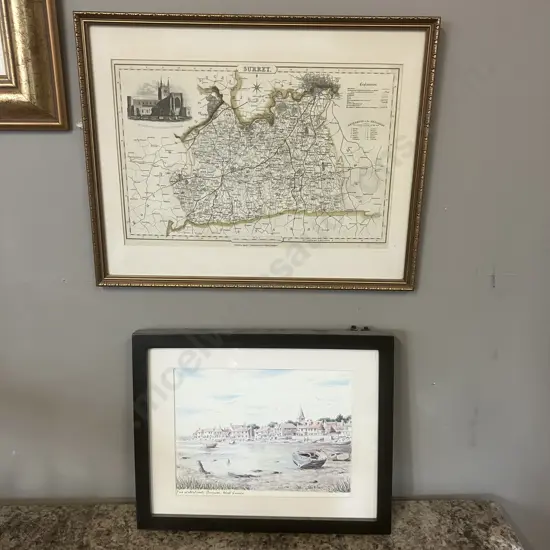 "Surrey" James Pigot 1830s Framed Map & The Waterfront, Bosham, West Sussex By John Mortlock Framed Print