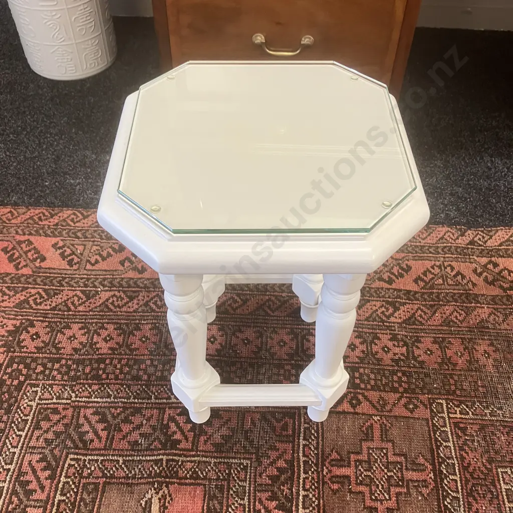 Small White Octagonal Side Table With A Glass Top. 40 x 27cm Image 1++