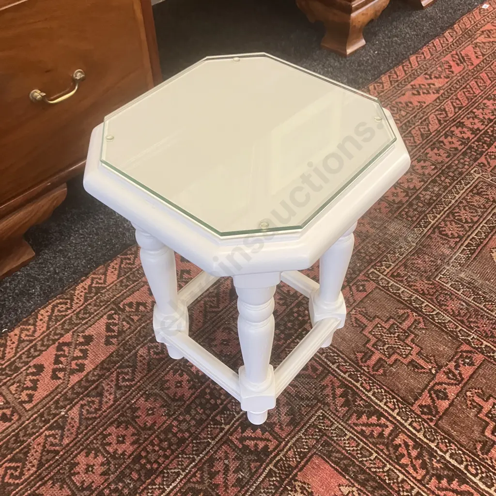 Small White Octagonal Side Table With A Glass Top. 40 x 27cm Image 1++