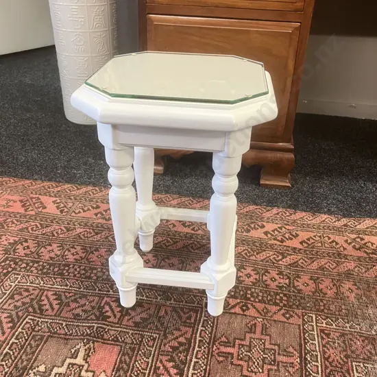 Small White Octagonal Side Table With A Glass Top. 40 x 27cm