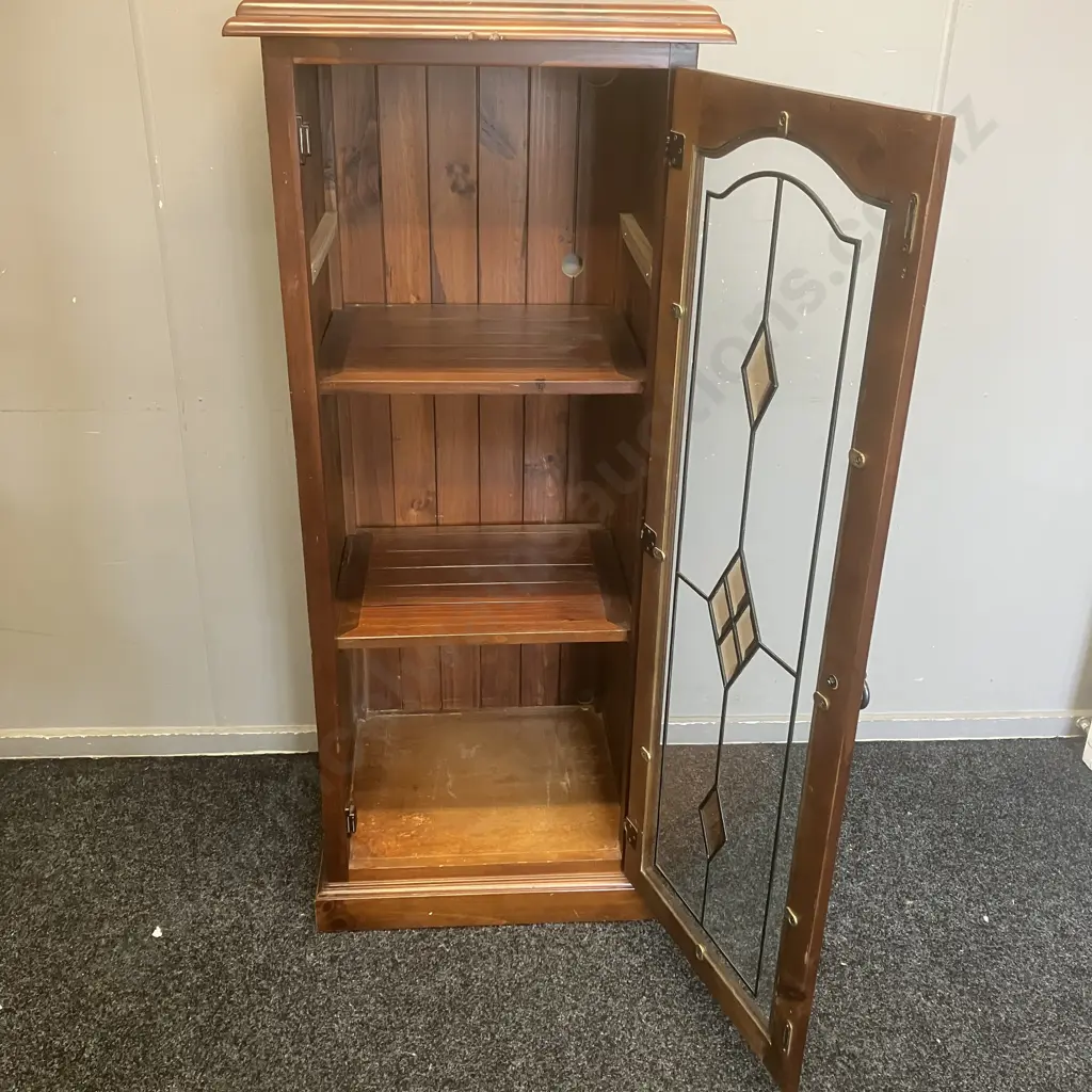 Leadlight Door Display / Stereo Cabinet, Tongue & Groove Back, 2 Shelves. H135 W57 D47cm Image 1++