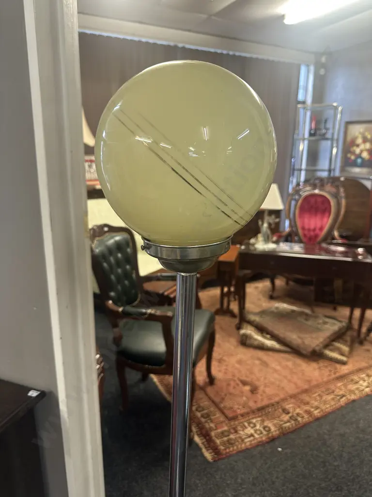 Art Deco Chrome/Black Standard Floor Lamp With Patterned Glass Globe Shade Image 1++