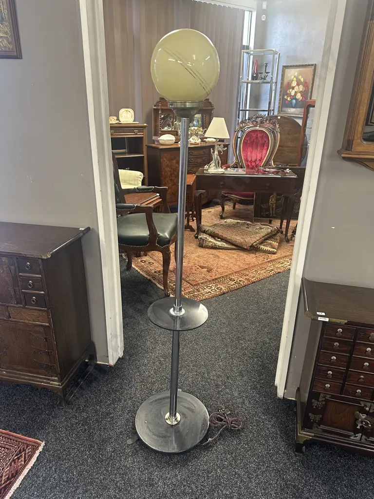 Art Deco Chrome/Black Standard Floor Lamp With Patterned Glass Globe Shade Image 1++
