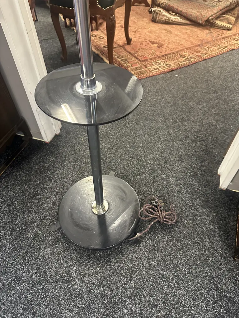 Art Deco Chrome/Black Standard Floor Lamp With Patterned Glass Globe Shade Image 1++