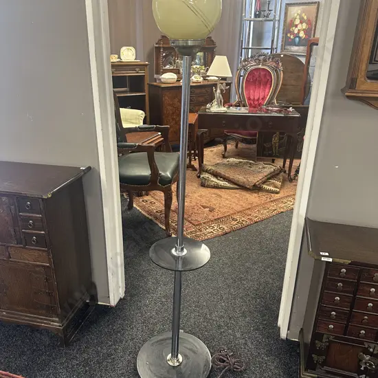 Art Deco Chrome/Black Standard Floor Lamp With Patterned Glass Globe Shade