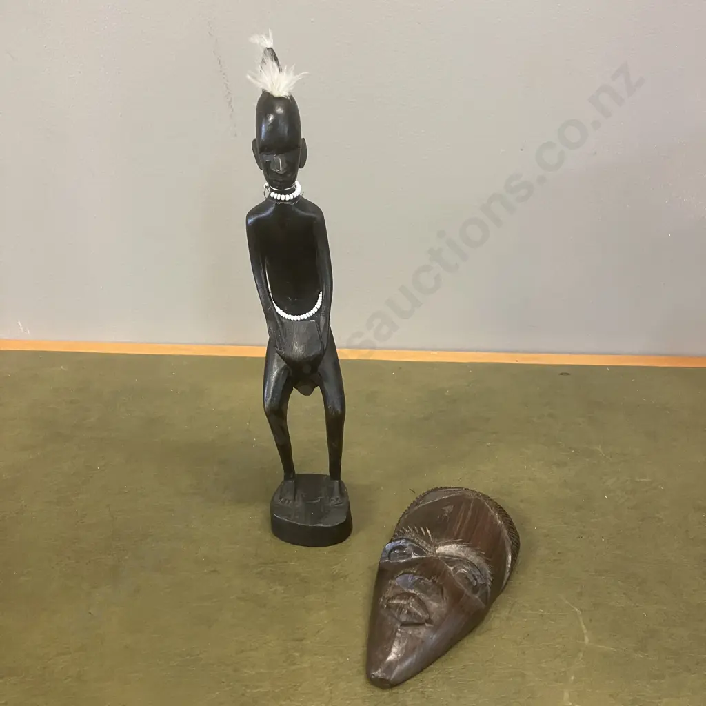African Ebony Hand Carved Sculpture Of Man Playing a Drum H29cm & a Small 17cm Tribal Mask Image 1++