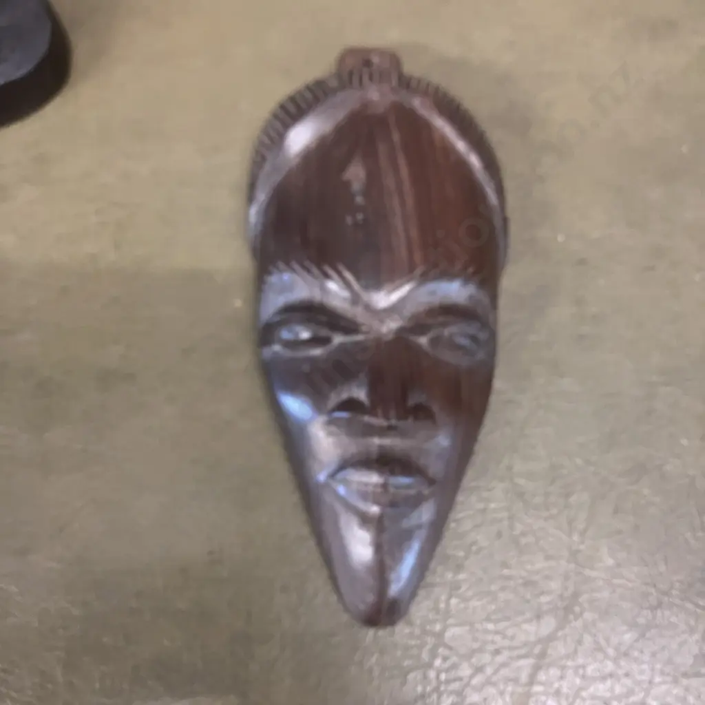 African Ebony Hand Carved Sculpture Of Man Playing a Drum H29cm & a Small 17cm Tribal Mask Image 1++