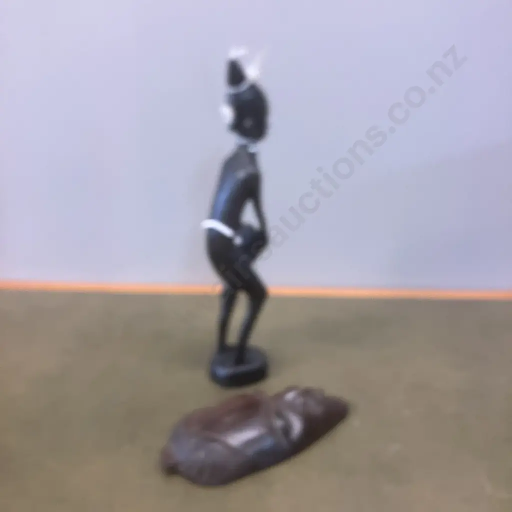 African Ebony Hand Carved Sculpture Of Man Playing a Drum H29cm & a Small 17cm Tribal Mask Image 1++