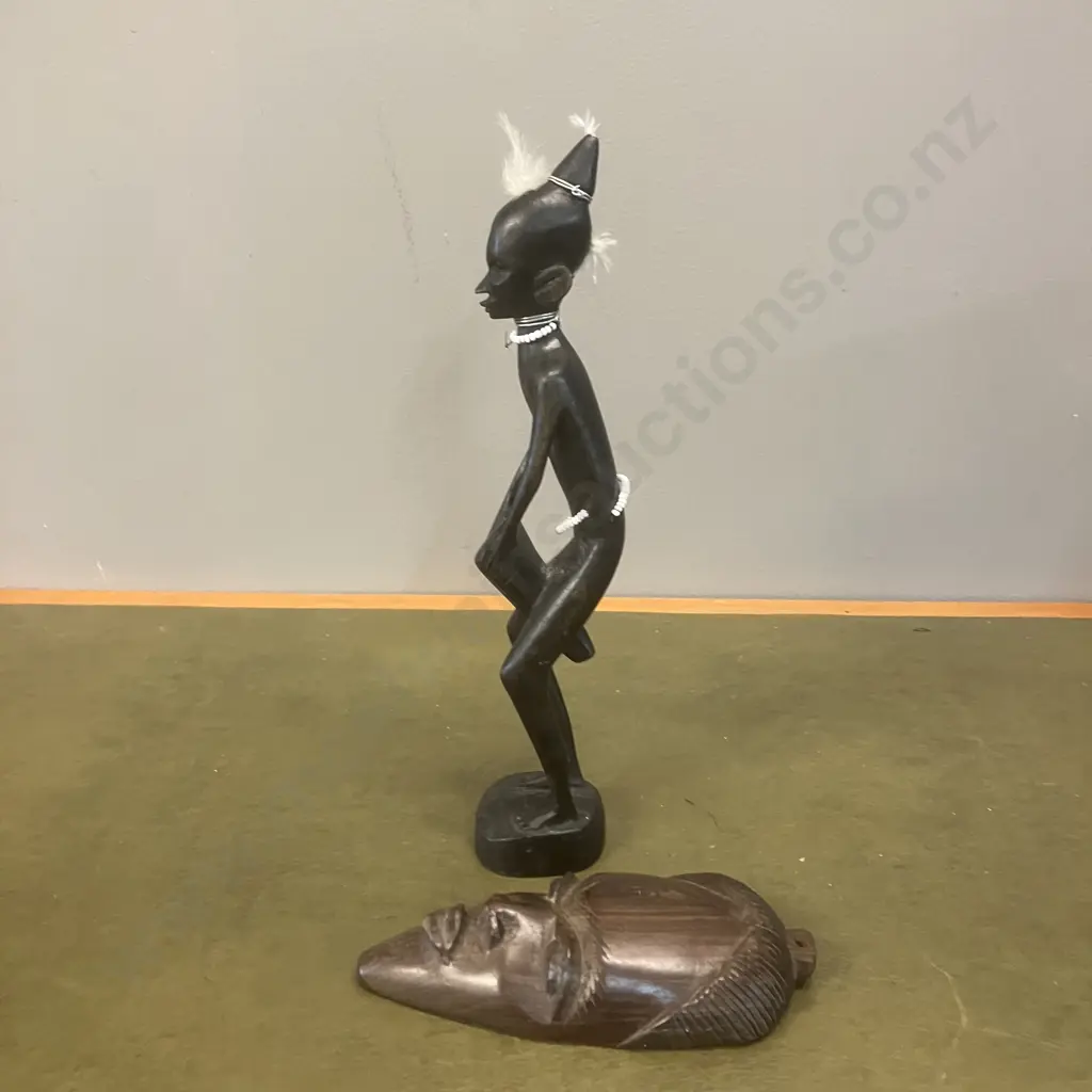 African Ebony Hand Carved Sculpture Of Man Playing a Drum H29cm & a Small 17cm Tribal Mask Image 1++