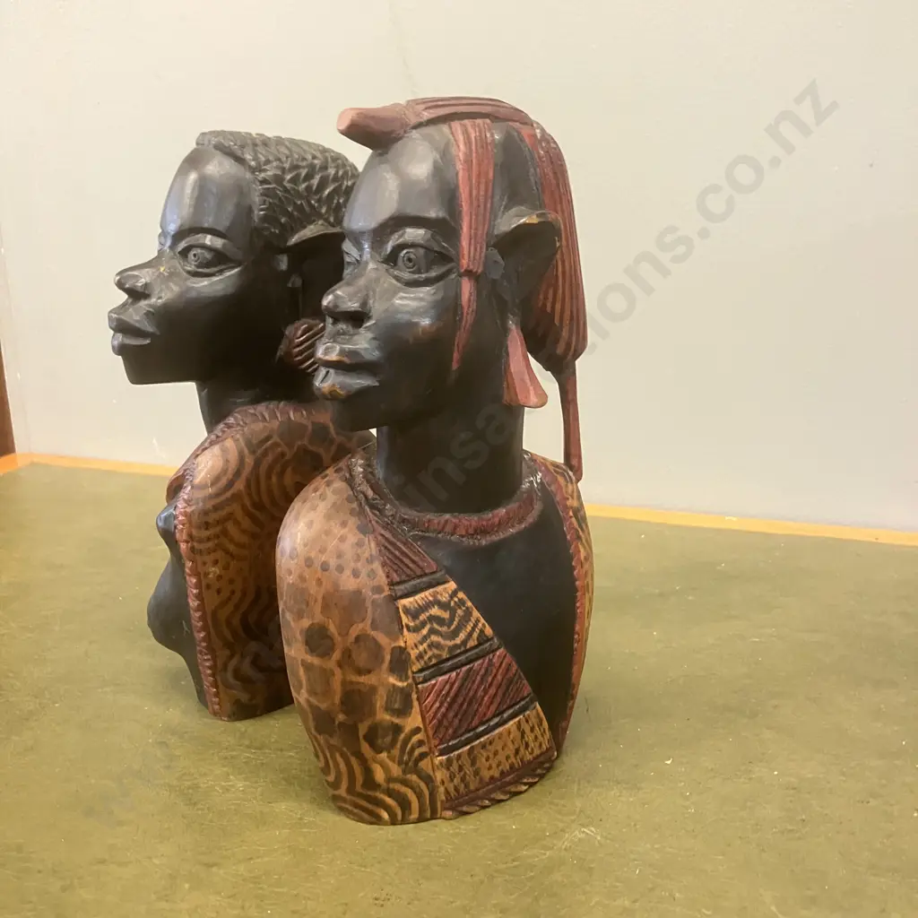 African Ebony Carved Masai Busts. H21.5cm Image 1++