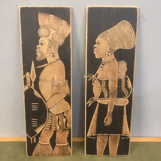 Pair of Vintage African Zulu Tribe Pyro Etched Art - Zulu Warrior & Woman Carrying Baby On Her Back. 46 x 14.5cm