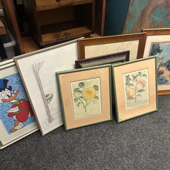 Assorted Framed Artwork Including Donald Duck, Fruit Etc
