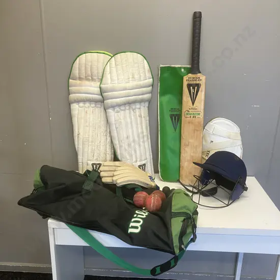 Cricket Items In Wilson Bag, Duncan Fearnley Supreme Bat (AF), Helmet, Pads, Balls Etc