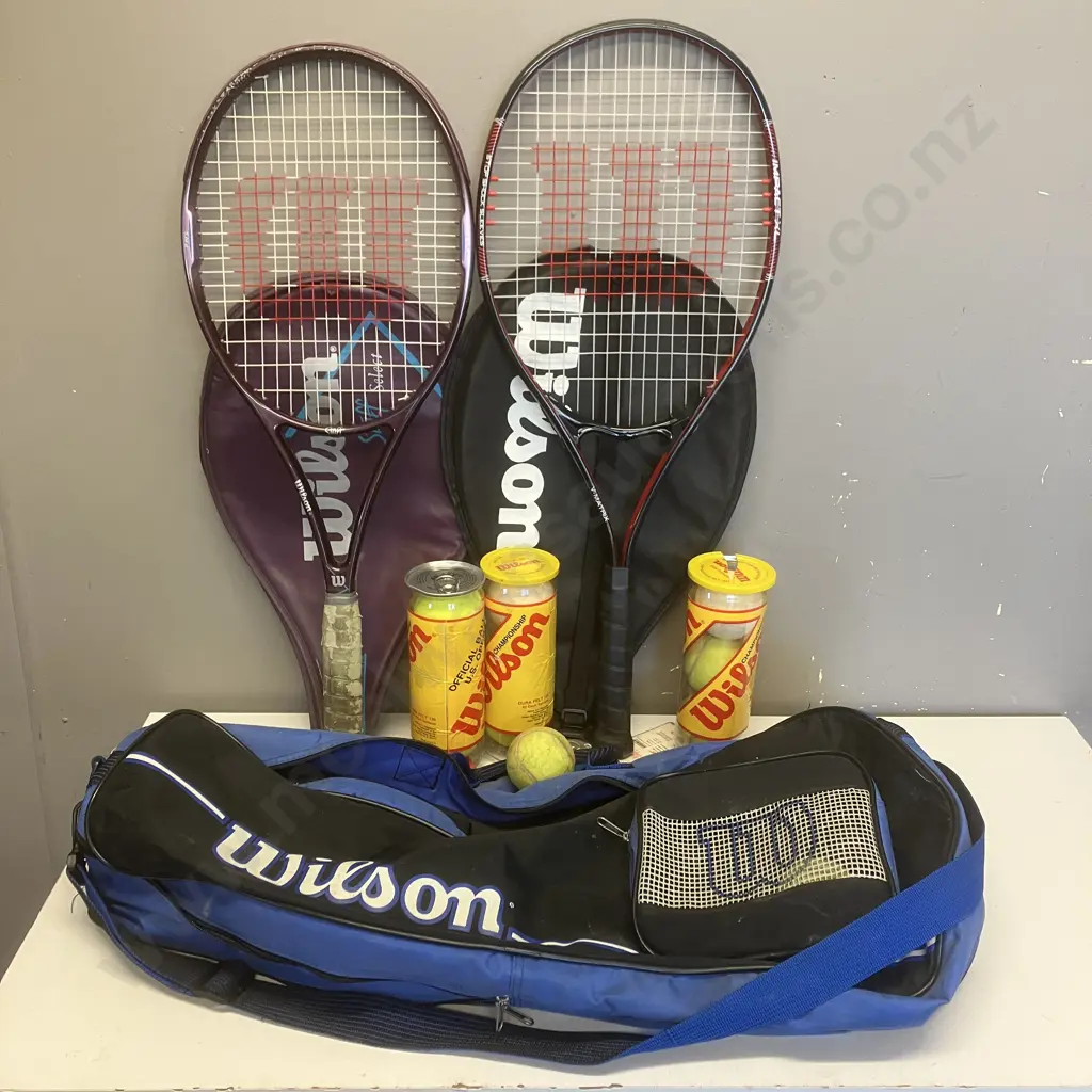 Pair of Wilson Tennis Racquets, Balls & Bag Image 1++