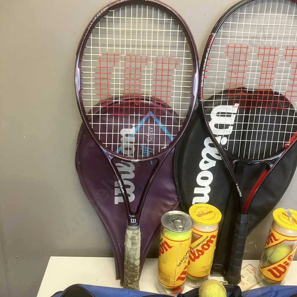Pair of Wilson Tennis Racquets, Balls & Bag Image 1++