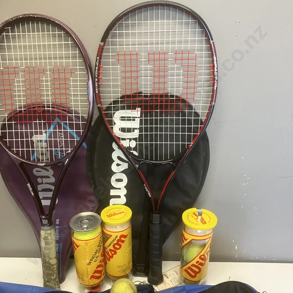 Pair of Wilson Tennis Racquets, Balls & Bag Image 1++