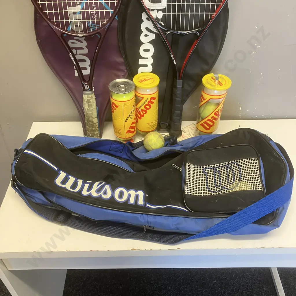 Pair of Wilson Tennis Racquets, Balls & Bag Image 1++