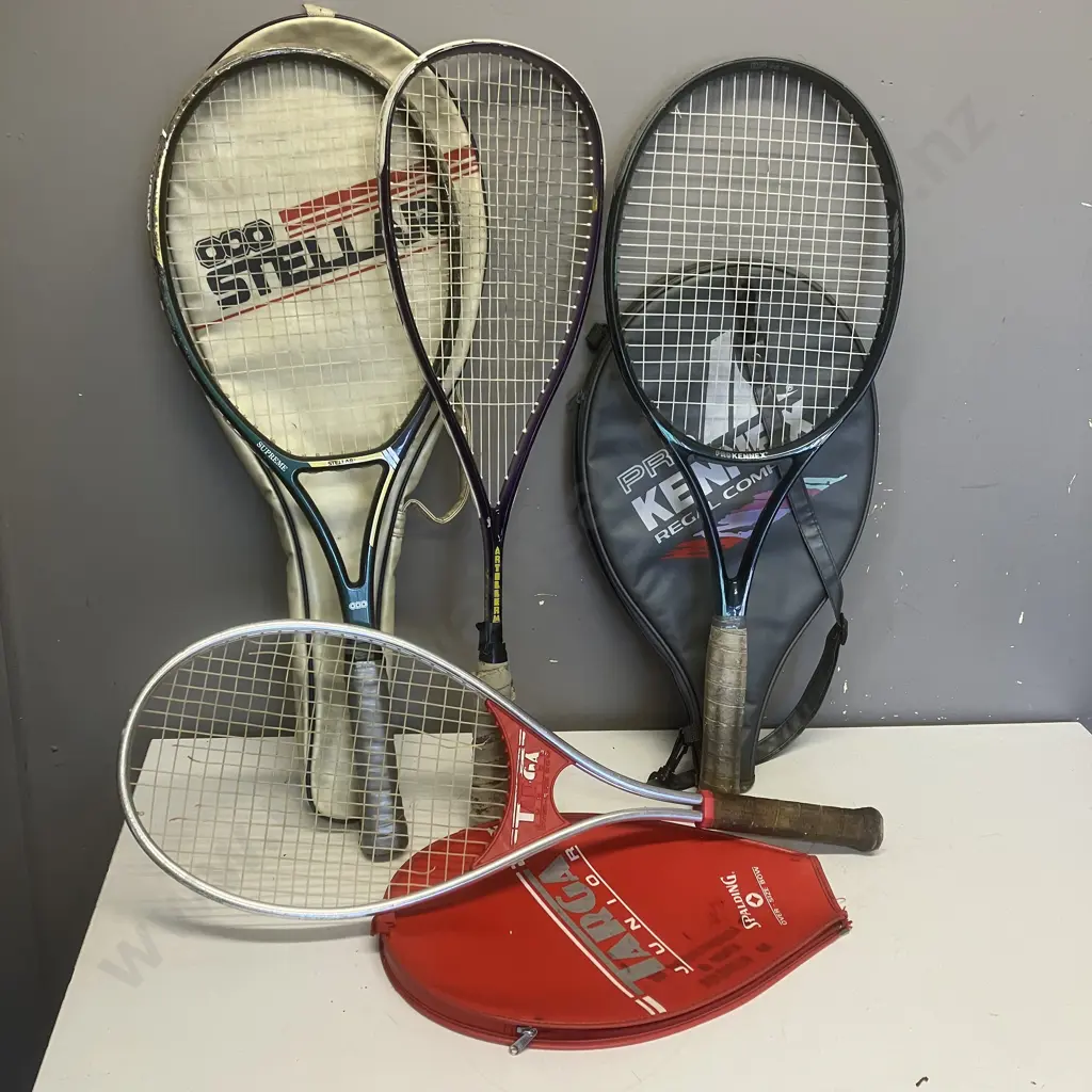 Three Tennis Racquets And a Squash Racquet Image 1++