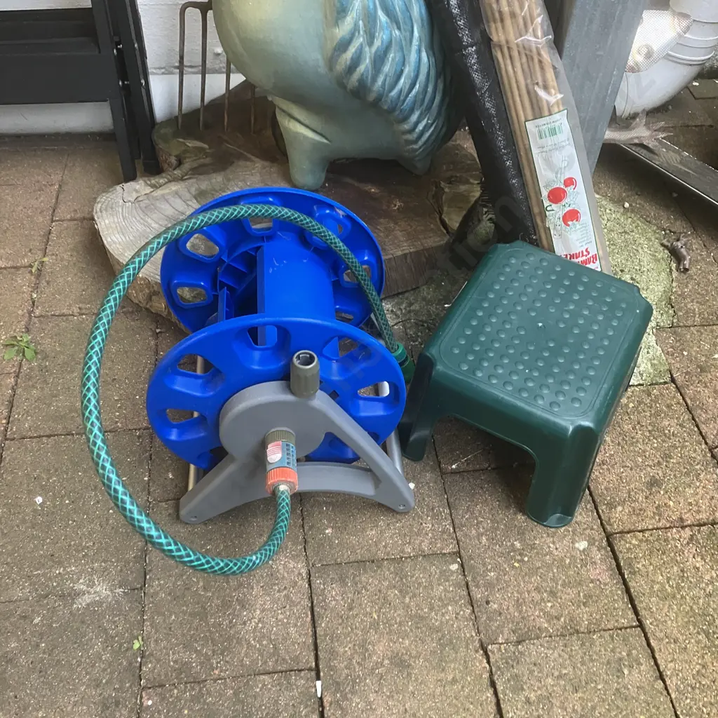 Hose Reel, Single Step Stool, Bamboo Stakes, Weed Mat Image 1++