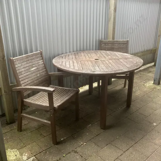 Wooden Outdoor Round Table With 2 Armed Chairs. 75 x 120cm