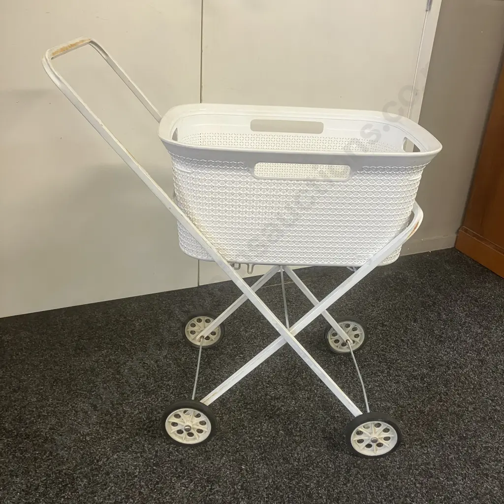 White Plastic Laundry Basket With Metal Folding Trolley Image 1++