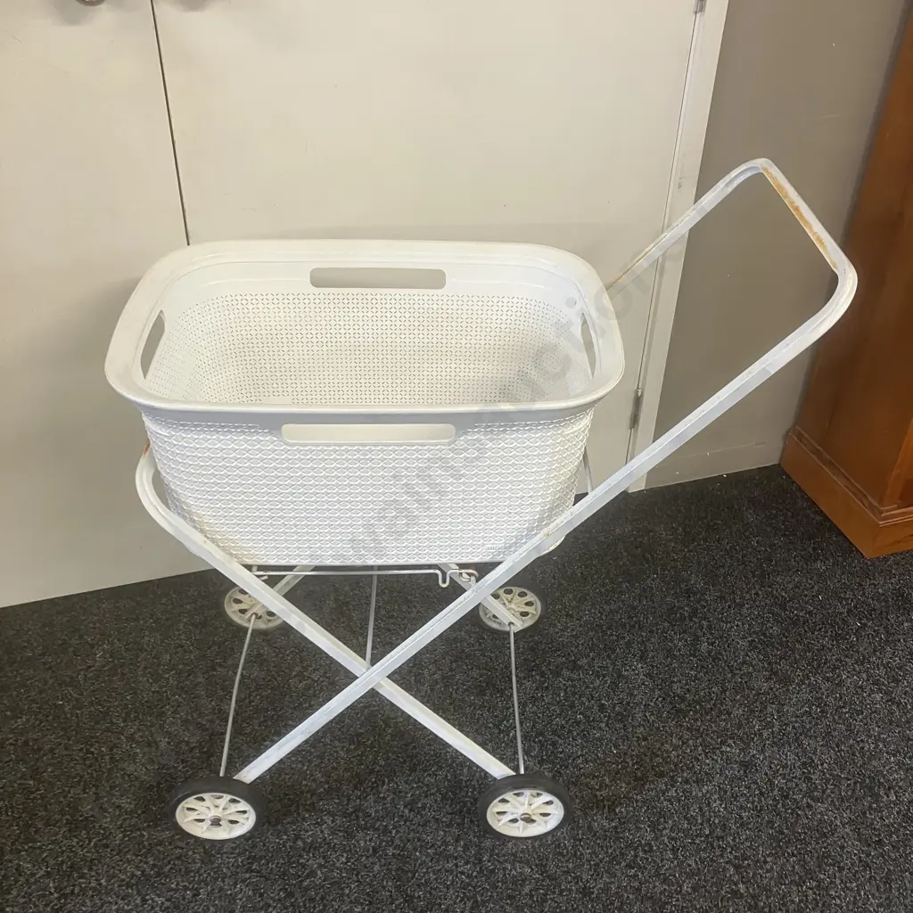 White Plastic Laundry Basket With Metal Folding Trolley Image 1++