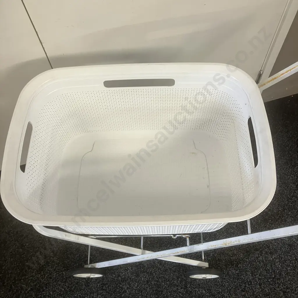 White Plastic Laundry Basket With Metal Folding Trolley Image 1++