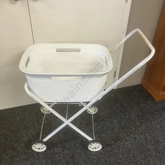 White Plastic Laundry Basket With Metal Folding Trolley