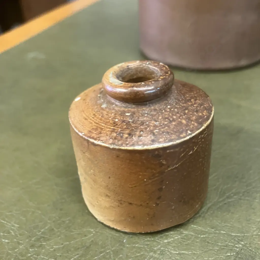 Pair of Stoneware Salt Glazed Lovatt & Lovatt Ink Bottles With Pouring Lip & Antique Ink Pot. H24,11 & 5cm Image 1++