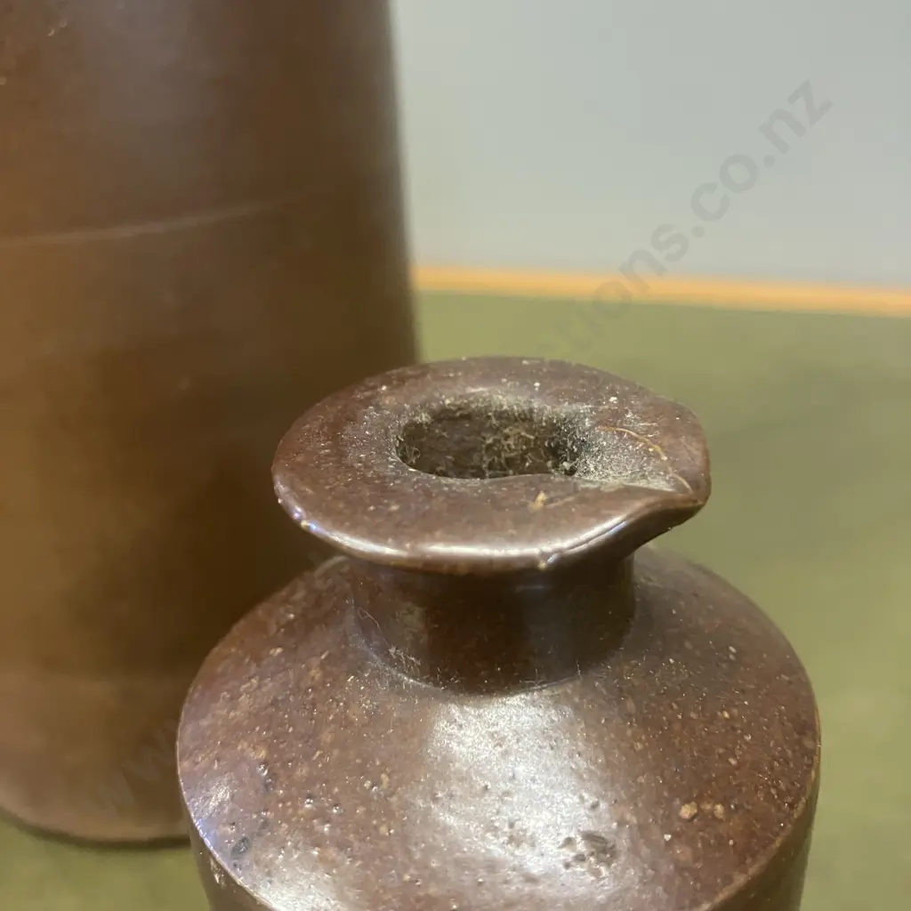 Pair of Stoneware Salt Glazed Lovatt & Lovatt Ink Bottles With Pouring Lip & Antique Ink Pot. H24,11 & 5cm Image 1++