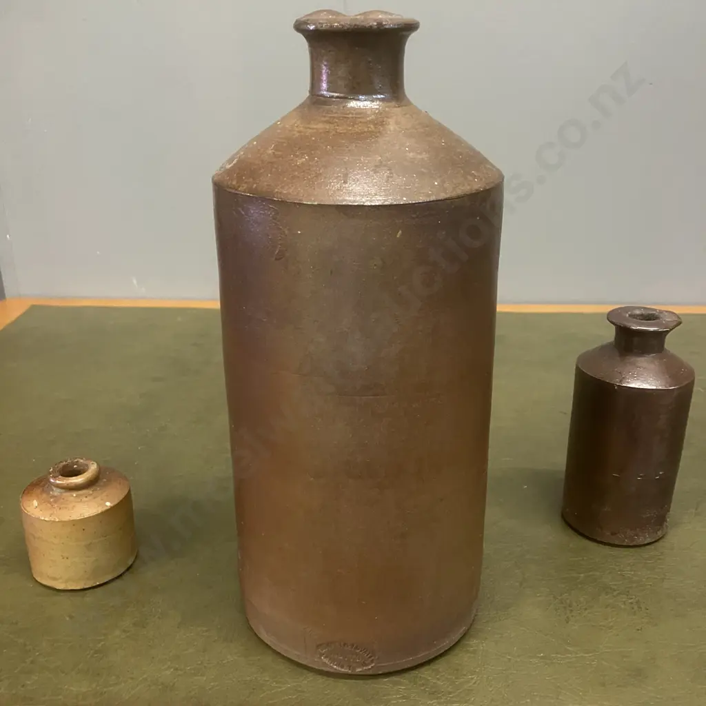 Pair of Stoneware Salt Glazed Lovatt & Lovatt Ink Bottles With Pouring Lip & Antique Ink Pot. H24,11 & 5cm Image 1++