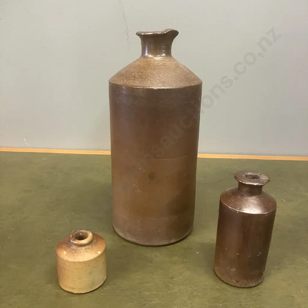 Pair of Stoneware Salt Glazed Lovatt & Lovatt Ink Bottles With Pouring Lip & Antique Ink Pot. H24,11 & 5cm Image 1++