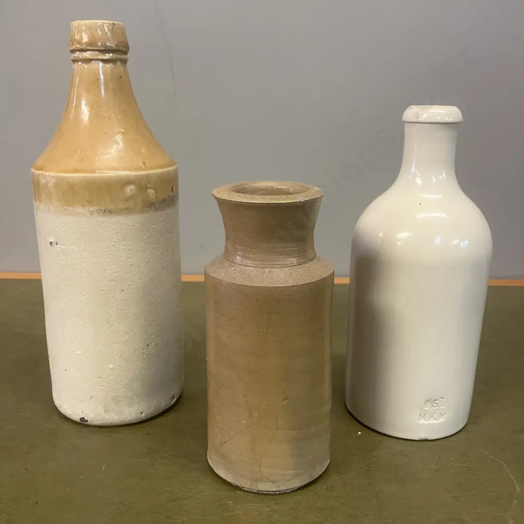 Antique Victorian Stoneware Bottle, Antique Ginger Beer Bottle & Beer Bottle Stamped M.K.M 0.5L, H24, 20 &16cm Image 1++