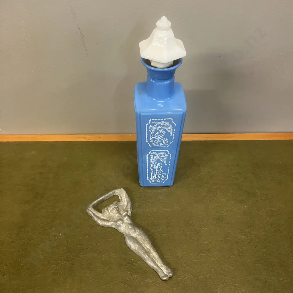 1965 Jim Beam Decanter Blue & White Milk Glass. H32cm With Art Deco Naked Lady Bottle Opener Image 1++
