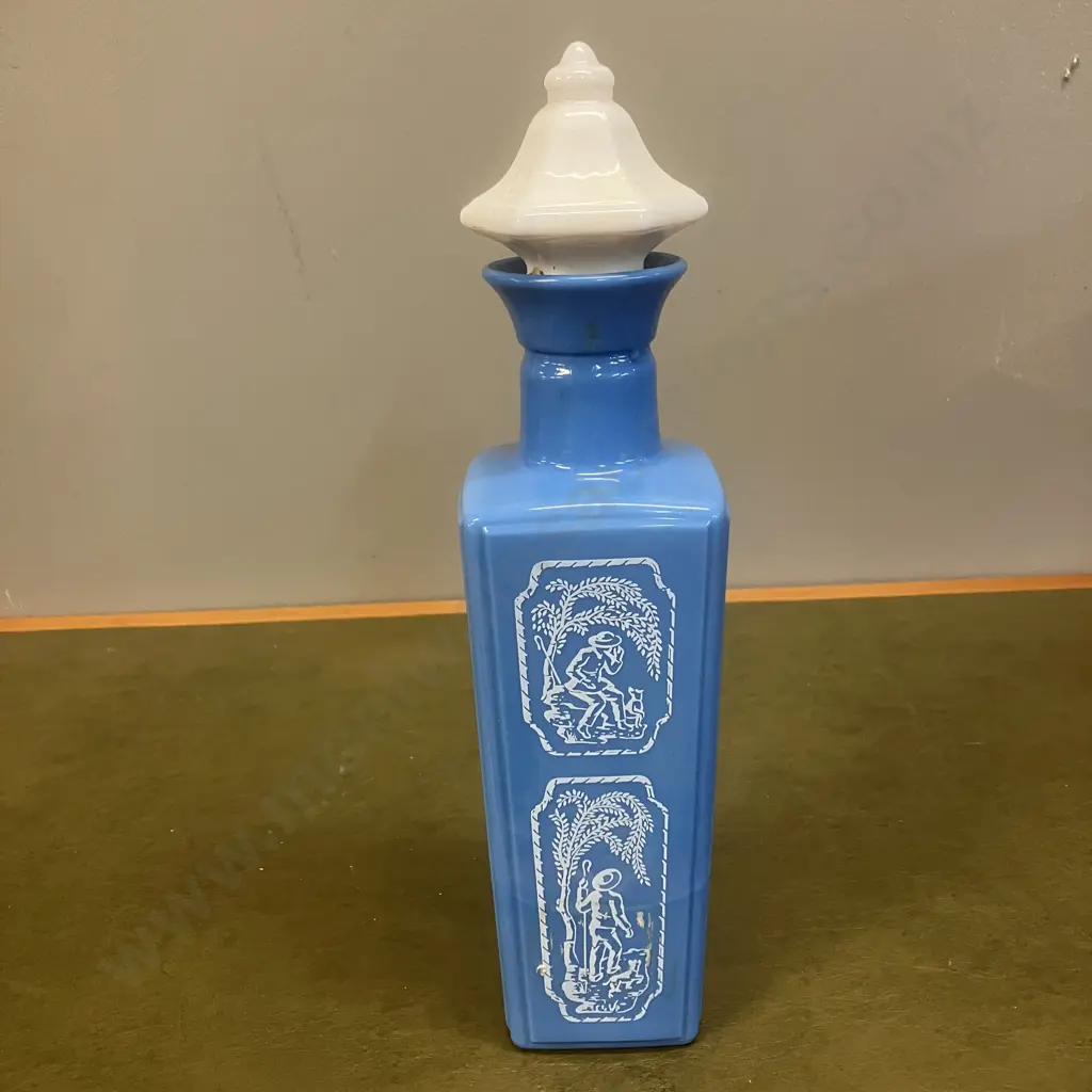 1965 Jim Beam Decanter Blue & White Milk Glass. H32cm With Art Deco Naked Lady Bottle Opener Image 1++