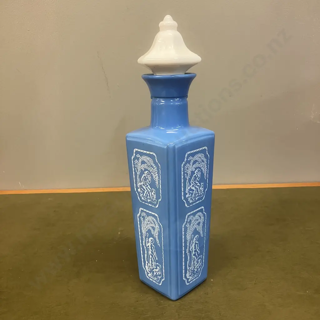 1965 Jim Beam Decanter Blue & White Milk Glass. H32cm With Art Deco Naked Lady Bottle Opener Image 1++