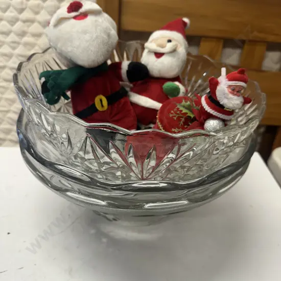 Three Large Glass Bowls & Christmas Items