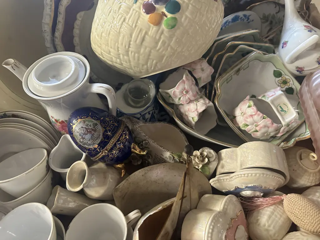 Box Lot Assorted China Items Including Belleek, Shorter Etc Image 1++