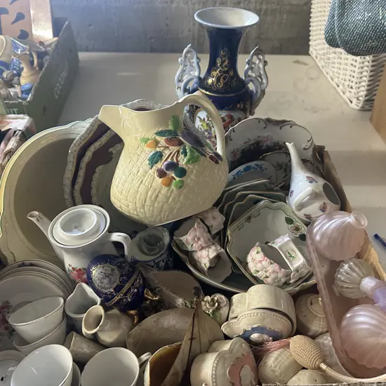 Box Lot Assorted China Items Including Belleek, Shorter Etc
