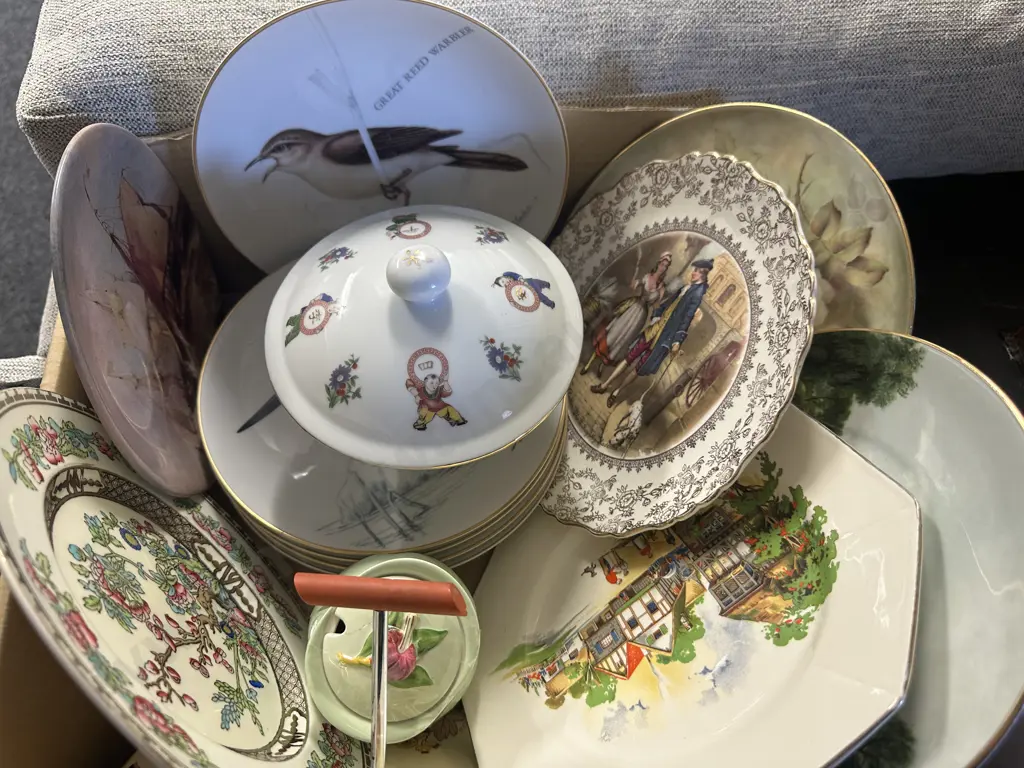 Box Lot China Items Including Plates, Lidded Bowls Etc Image 1++