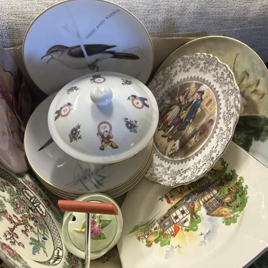 Box Lot China Items Including Plates, Lidded Bowls Etc